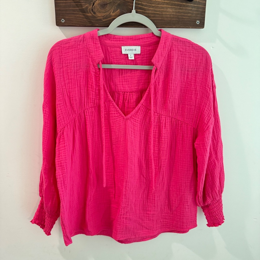 Evereve Eleanor Hot Pink Cotton Gauze Smocked Cuff Tie Neck Blouse Top‎ Small